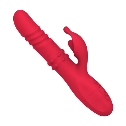 Red silicone dual vibrator on a white background