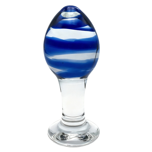 Glass anal plug with blue and clear striped design on a white background