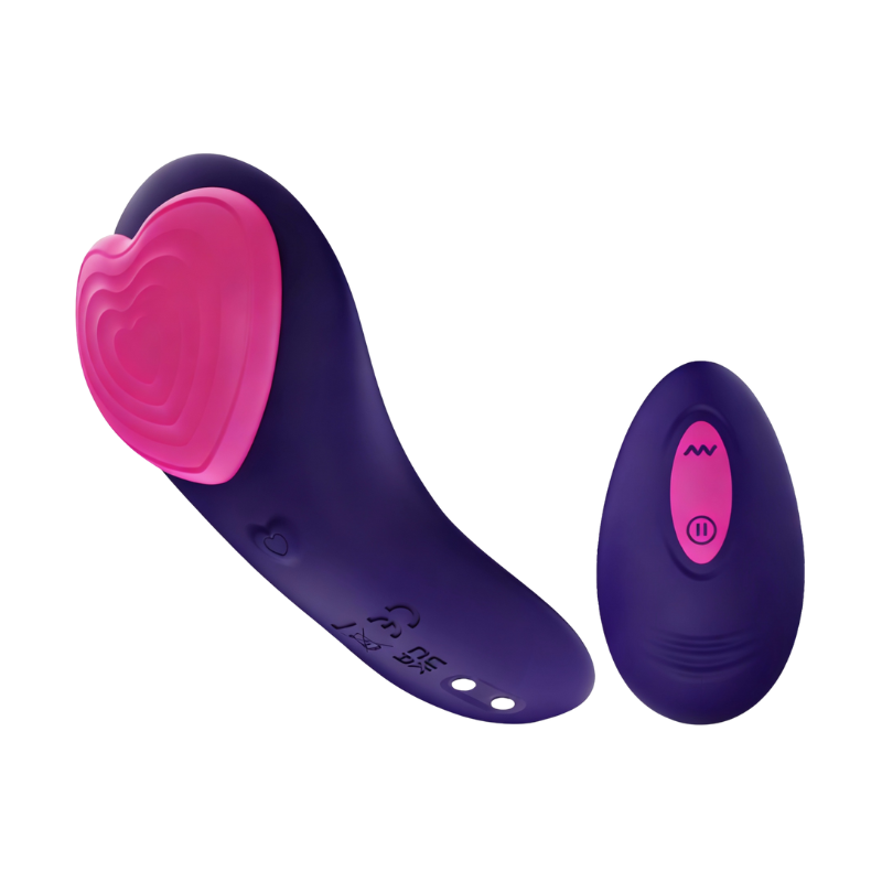 Purple and pink wearable vibrator with a remote control on a white background
