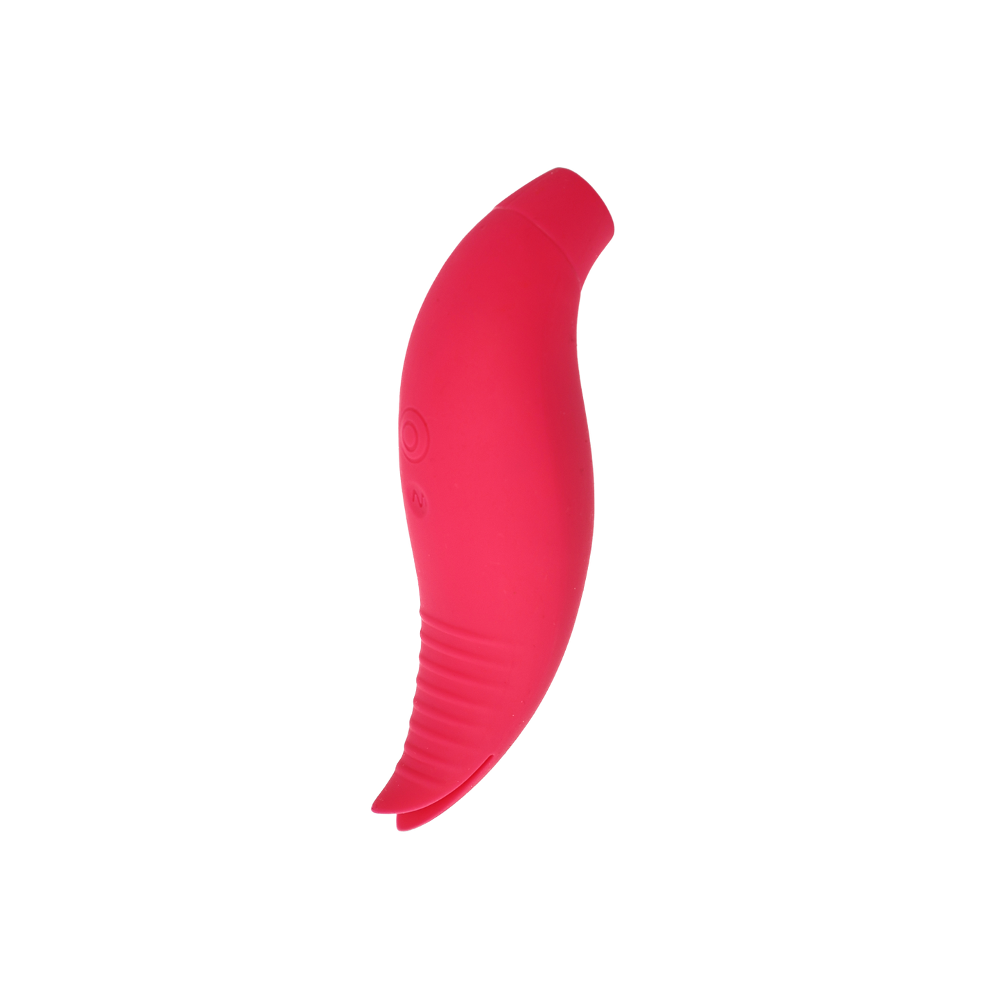 Pink curved clit-sucking vibrator on a transparent background