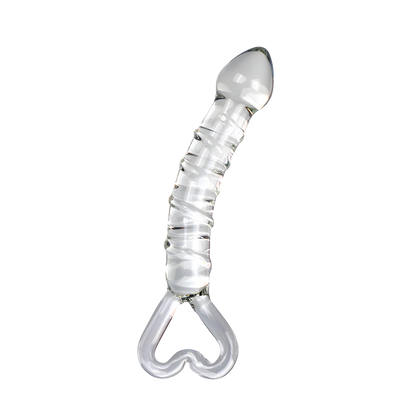 Clear dildo with a curved design and heart handle on a white background
