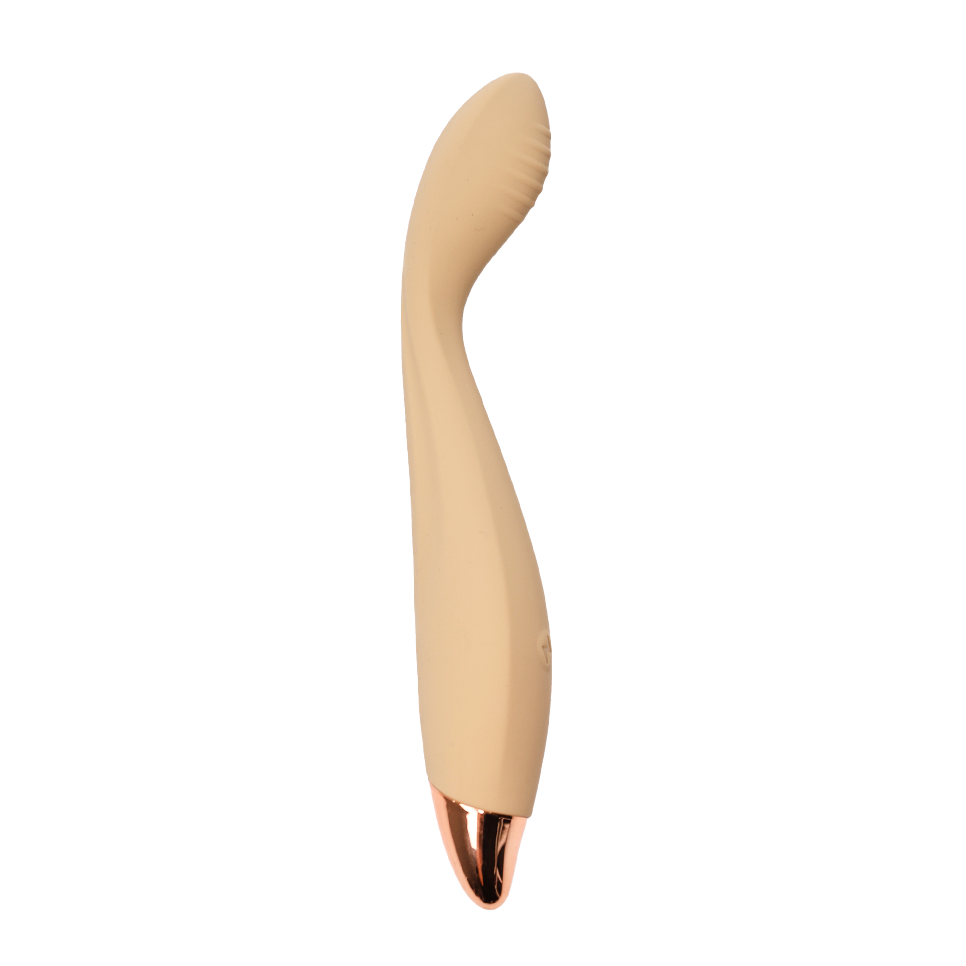 Beige and rose gold curved vibrator on a white background